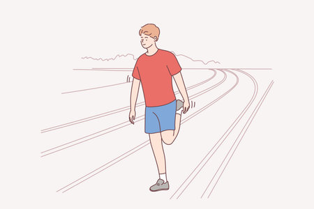 Athlete, active lifestyle, sport, training concept. Young Caucasian man cartoon character in bright sports clothes doing stretching warming up exercises on stadium before workout vector illustrationのイラスト素材