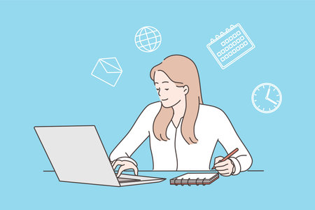 Multitasking, time management and productivity concept. Happy young business woman with multitasking skills sitting at laptop and working online in office vector illustrationのイラスト素材