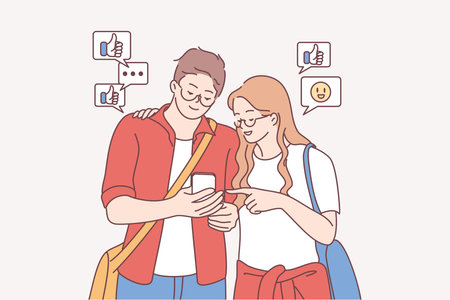 Online communication, sharing and liking posts in internet concept. Happy couple looking at screen of smartphone together and searching for subscribers reaction for posts illustrationのイラスト素材