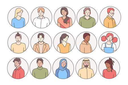 People of different races and nationalities concept. Set of young positive people of different ethnicities smiling and looking at camera in round frames, avatars or smiling people vector illustrationのイラスト素材