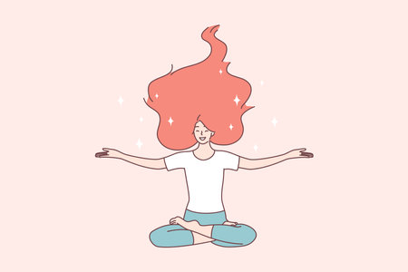 Healthy happy lifestyle, bodycare, harmony concept. Happy woman with red hair sitting on floor with open arms in lotus position, meditating and feeling happy about all news in lifeのイラスト素材