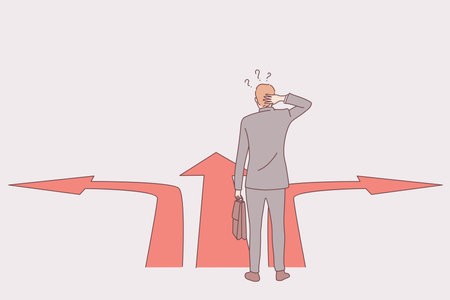Strategy, business direction, way choice concept. Businessman standing at crossroads and thinking about right path. Pathway selection dilemma vector illustrationのイラスト素材