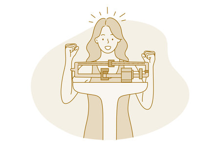 Losing weight, slim, diet concept. Young positive woman cartoon character feeling happy and glad to see losing kilos on scales and reducing in weight vector illustrationのイラスト素材