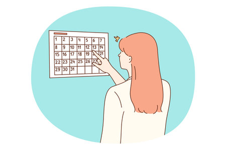 Calendar, time management, personal planning concept. Young woman odic worker secretary standing near calendar and counting days before event or meeting in office vector illustrationのイラスト素材