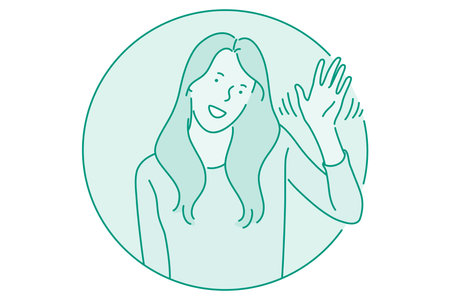 Woman expressing emotions concept. Young woman cartoon character waving and greeting with hands, showing positive attitude and smiling. Facial expression, positive emotions vector illustrationのイラスト素材