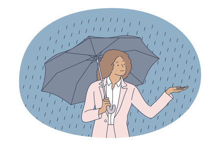 Storm, rain, autumn concept. Young happy smiling woman cartoon character standing under umbrella and touching raindrops with hand outdoors. Autumnal rainy bad stormy weatherのイラスト素材
