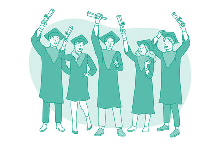 Successful graduation from university concept. Group of young smiling happy students college graduates in mantle and bonets standing and holding diploma certificates in hands celebrating graduationのイラスト素材