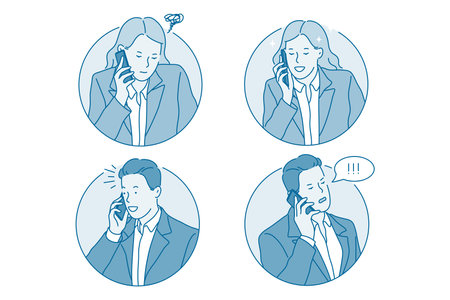 Business communication, calling on phone concept. Young business people man and woman cartoon character talking and discussing projects on phone feeling thoughtful positive and angry illustrationのイラスト素材