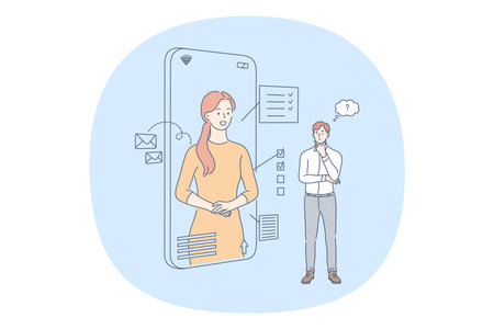 Online communication, business ideas, planning concept. Young smiling business woman helping her boss to organise business tasks from smartphone screen. Success, technology, distant workのイラスト素材
