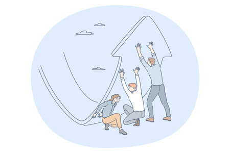 Cooperation, Teamwork, business partnership concept. Young business people office workers partners cartoon characters pushing up giant arrow symbol of development togetherのイラスト素材
