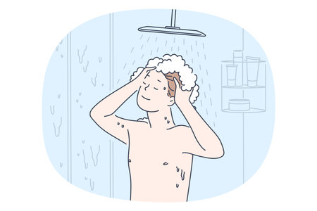 Taking shower and personal hygiene concept. Young smiling boy enjoying shampoo and hot water during taking shower in bathroom. Routine casual things for individual bodycareのイラスト素材