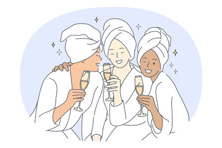 Bride and friends party, pajama party with friends concept. Young smiling multiethnic girls with glasses of champagne in towels and home clothing having fun and celebrating holiday togetherのイラスト素材