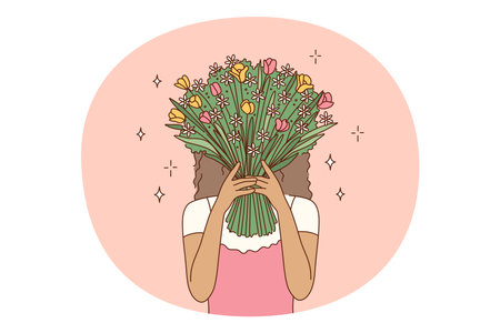 Bouquet of flowers concept. Young woman standing and holding heap of fresh blooming flowers over face as present for holiday. Woman day, dating, gift for lady illustrationのイラスト素材