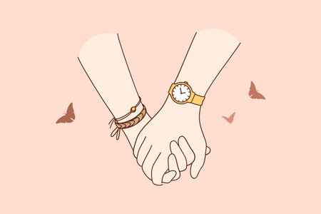Holding hands, love, togetherness concept. Close-up of couples hands holding each other during walk feeling love and tenderness illustrationのイラスト素材