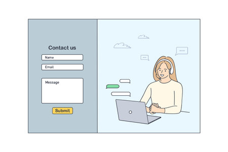 Contact us template form for web design concept. Young smiling woman customer service operator communicating with client at laptop. Helpdesk and customer supportのイラスト素材