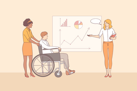 Disabled people working in office, meeting, negotiations concept. Businessman on wheelchair and young business woman office workers having meeting and discussing corporate project together Iのイラスト素材