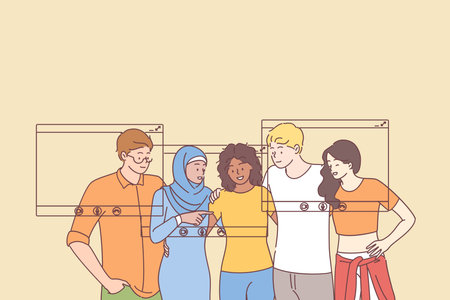 Online party and meeting, video calk concept. Group of young smiling multiethnic people friends or colleagues gathering together using video call technologies on smartphones vector illustrationのイラスト素材