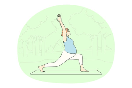 Pregnancy, motherhood, active lifestyle of pregnant woman concept. Young happy pregnant woman cartoon character exercising and practicing yoga and meditation on fitness mat in park outdoorsのイラスト素材