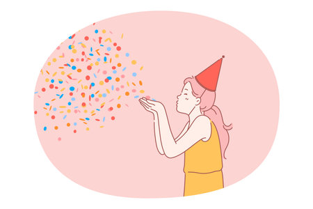 Party, birthday celebration, festive costume concept. Smiling girl cartoon character in dress and festive holiday hat standing and blowing colourful confetti from hands celebrating birthdayのイラスト素材
