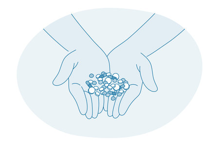 Medical treatment, drugs, pills concept. Human hands holding assortment of medic pharmaceutical capsules pills for curing disease and pain kill vector illustration, top viewのイラスト素材