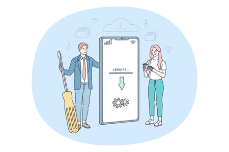 Downloading, installation, technology concept. Young business people man and woman standing near big smartphone screen with updating version or downloading information applicationのイラスト素材