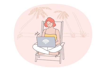 Freelance, distant work, Online communication concept. Young smiling woman cartoon character sitting on beach with laptop and typing on keyboard working from distance as authorのイラスト素材