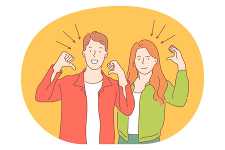 Sign language, gestures, hands communication concept. Young smiling couple cartoon characters standing, pointing on themselves with fingers showing strength and powerのイラスト素材