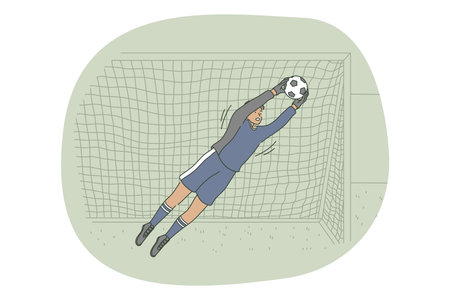 Professional football player, soccer ball, sport concept. Young man football player goalkeeper catching ball on field during workout or game. Sport, athletics, team sport vectorのイラスト素材