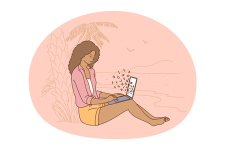 Online communication, e-learning, freelancer concept. Young smiling woman cartoon character sitting on beach with laptop and typing on keyboard working from distance as authorのイラスト素材