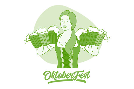 Oktoberfest beer festival concept. Young smiling woman waitress in traditional german dress costume serving myths with fresh frothy drink to clients during beer fest event vector illustrationのイラスト素材