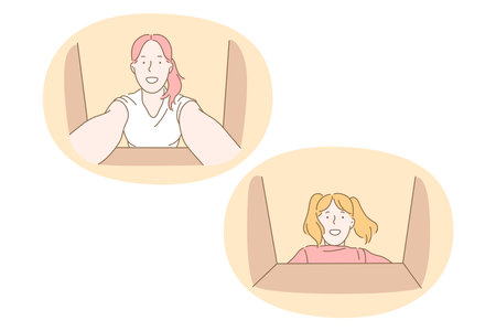Delivery, parcel, present concept. Young smiling women cartoon characters looking at bottom of box and taking out present or gift vector illustrationのイラスト素材