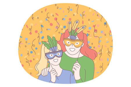 Party, celebration, festive costume concept. Young woman and daughter cartoon characters in decorative face mask and dress standing and celebrating holiday with confetti around vector illustrationのイラスト素材