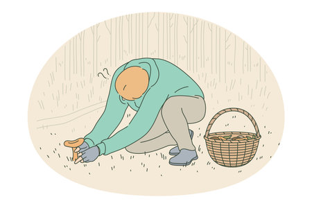 Searching and collecting mushrooms concept. Young man guy cartoon character sitting and picking up edible mushroom in forest in autumn to basket. Recreation hobby, activity, leisure lifestyleのイラスト素材