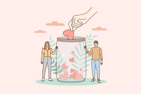 Support, volunteering, charity concept. Young smiling man and woman cartoon characters standing with donation jar collecting heart symbols with giving hand for charity helping campaignのイラスト素材
