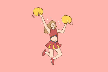 Cheerleading and sport concept. Young beautiful smiling girl cheerleader in red costume dancing...