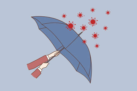 Danger of COVID-19 concept. Human hands holding umbrella to protect against coronavirus pneumonia outbreak epidemic flying red bacteria virus vector illustrationのイラスト素材