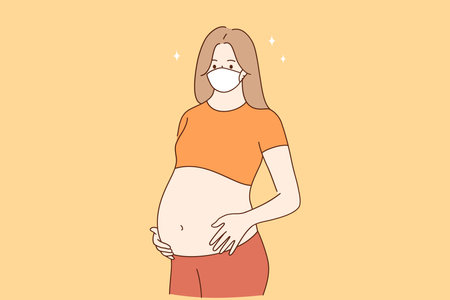 Pregnancy during CIVID-19 outbreak concept. Young pregnant woman mother cartoon character wearing medical protection face mask standing and embracing her tummy vector illustrationのイラスト素材