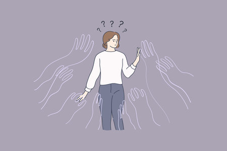 Psychological influence, manipulation, addiction concept. Young frustrated woman cartoon character standing surrounded by giant creeping hands feeling influence and doubting what to chooseのイラスト素材