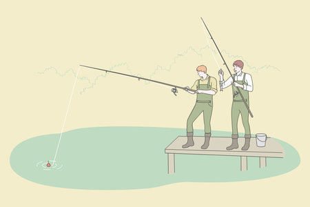 Fishing and recreation sport leisure concept. Two young men friends in boots cartoon characters fishing at river bank together vector illustration. Outdoor summer recreationのイラスト素材