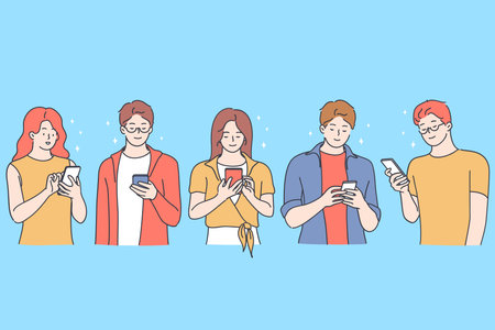 Online chatting and typing concept. Young smiling boys and girls cartoon characters chatting and communicating online on smartphones by messenger and dating online vector illustrationのイラスト素材