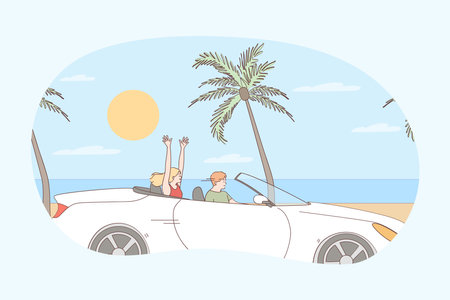 Driving during vacations concept. Young happy couple cartoon characters sitting in car and driving along seaside in summer during traveling journey vector illustrationのイラスト素材