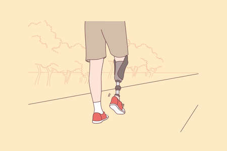 Disabled and handicapped people active lifestyle concept. Low angle view at disabled young man with prosthetic leg walking in park and enjoying walk vector illustrationのイラスト素材