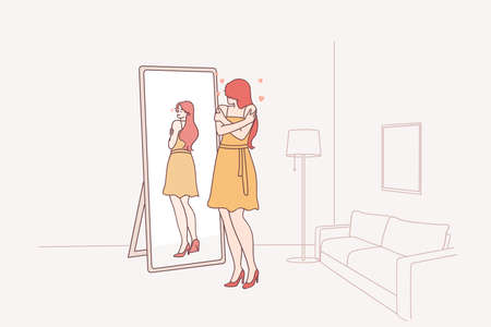 Self love, self esteem concept. Narcissist woman cartoon character standing at mirror and looking at reflection feeling proud hugging herself vector illustrationのイラスト素材