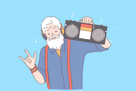Freedom, party, having fun concept. Grey haired positive grandfather cartoon character dancing on...