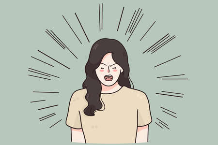 Aggression, hate, rage concept. Screaming emotional angry woman cartoon character standing and shouting with negative emotions over green background vector illustrationのイラスト素材