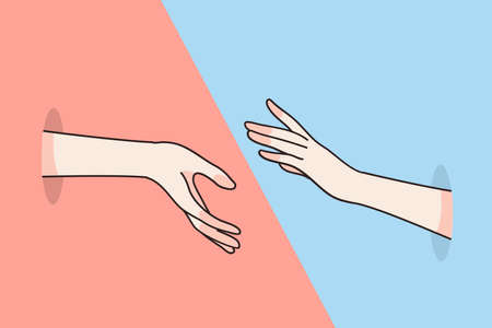 Helping hand, meeting, teamwork concept. Diverse human hands reaching to each other trying to touch by fingers meaning unity cooperation support over red and blue vector illustrationのイラスト素材