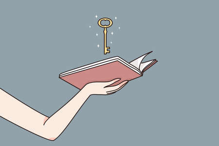 Intelligence, education, unlimited access to knowledge concept. Female hands holding open book with...