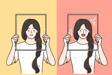 Mental changes, Contrasts in mood concept. Women holding frames with happy laughing cheerful and angry aggressive furious expression of faces over yellow and pink background vector illustrationのイラスト素材