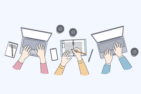 Business meeting with laptops concept. Hands of business people partners sitting in office with laptops and notebook having brainstorm together on corporate project illustration, top viewのイラスト素材