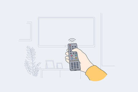 Television, home entertainment concept. Human hand with tv remote control switching television on at home for watching movies and programs vector illustrationのイラスト素材